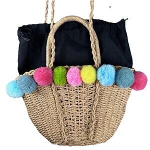Pom-pom trim vacation holiday mini straw crossbody bag Black fabric lining